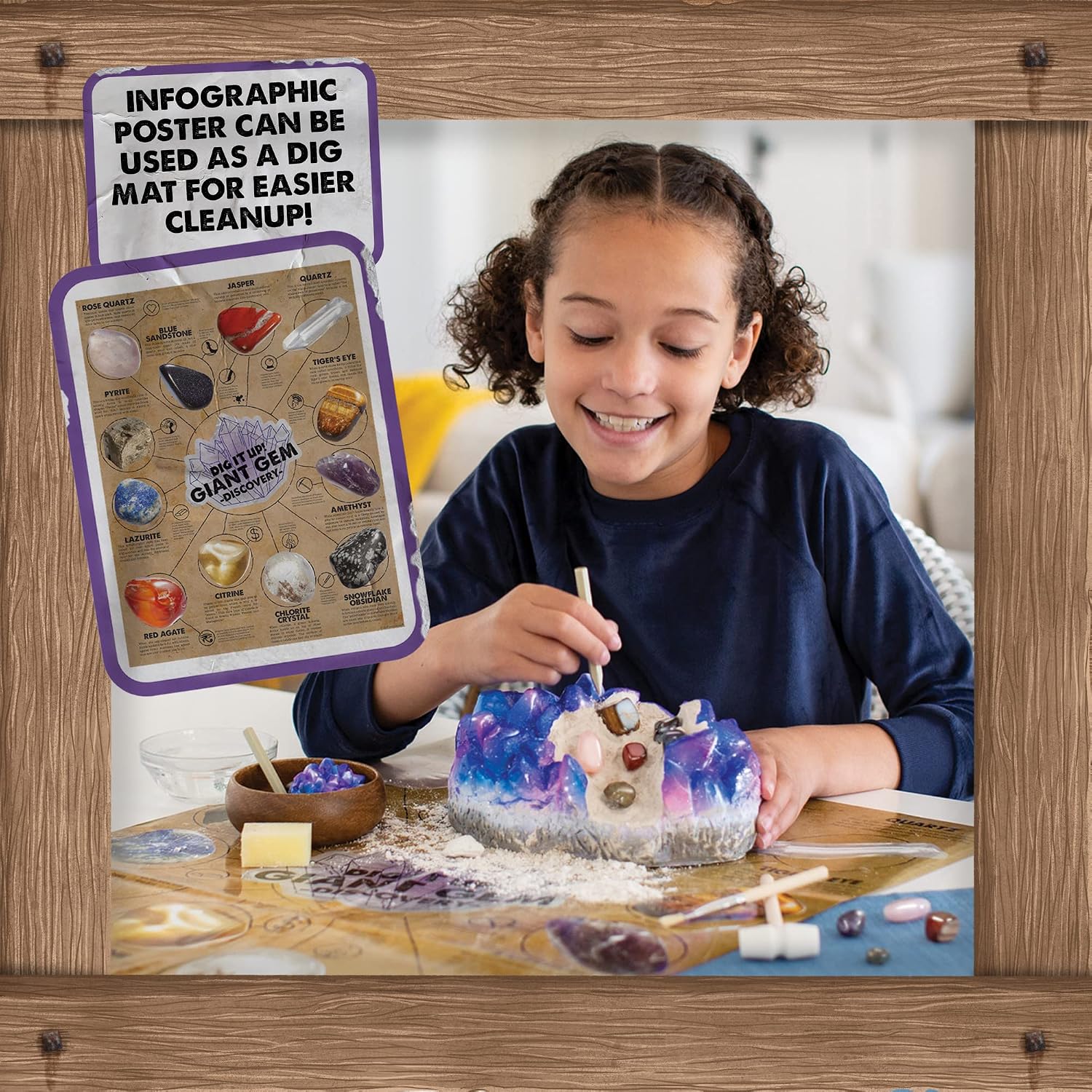 MindWare Dig It Up Giant Gem Discovery Kit - Gemstone Dig Kit Offers Geology for Kids with 12 Real Polished Hidden Gemstones - Includes 1 Giant Gem, Chiseling Tools, Gemstone Poster - Ages 4+ - Image 3