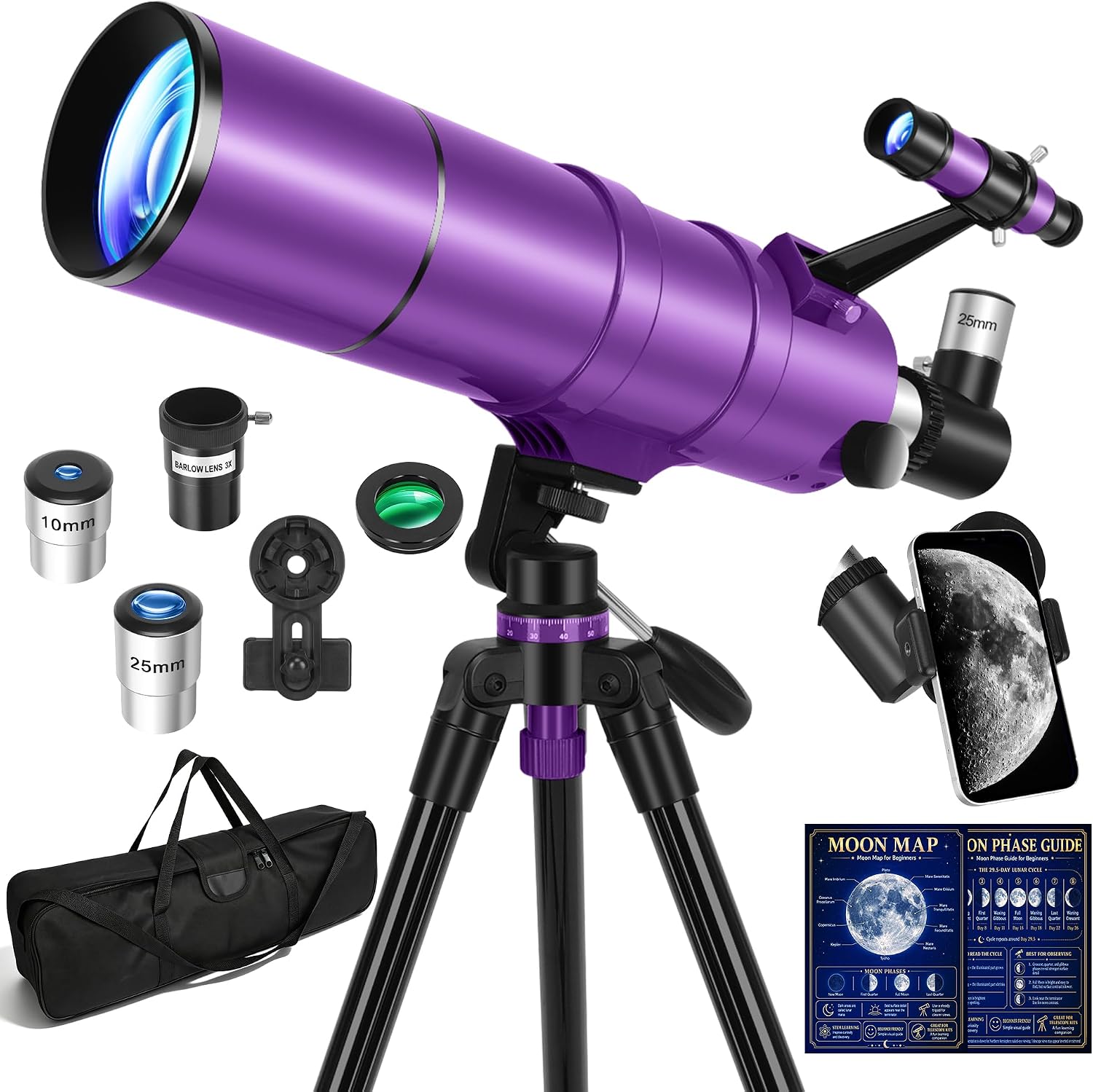 Telescope for Adults & Kids, 90mm Aperture 600mm Refractor Telescope for Astronomy Beginners, Portable Travel Telescopes with Tripod, Phone Adapter, Moon Filter, Carry Bag & Moon Phase Guide