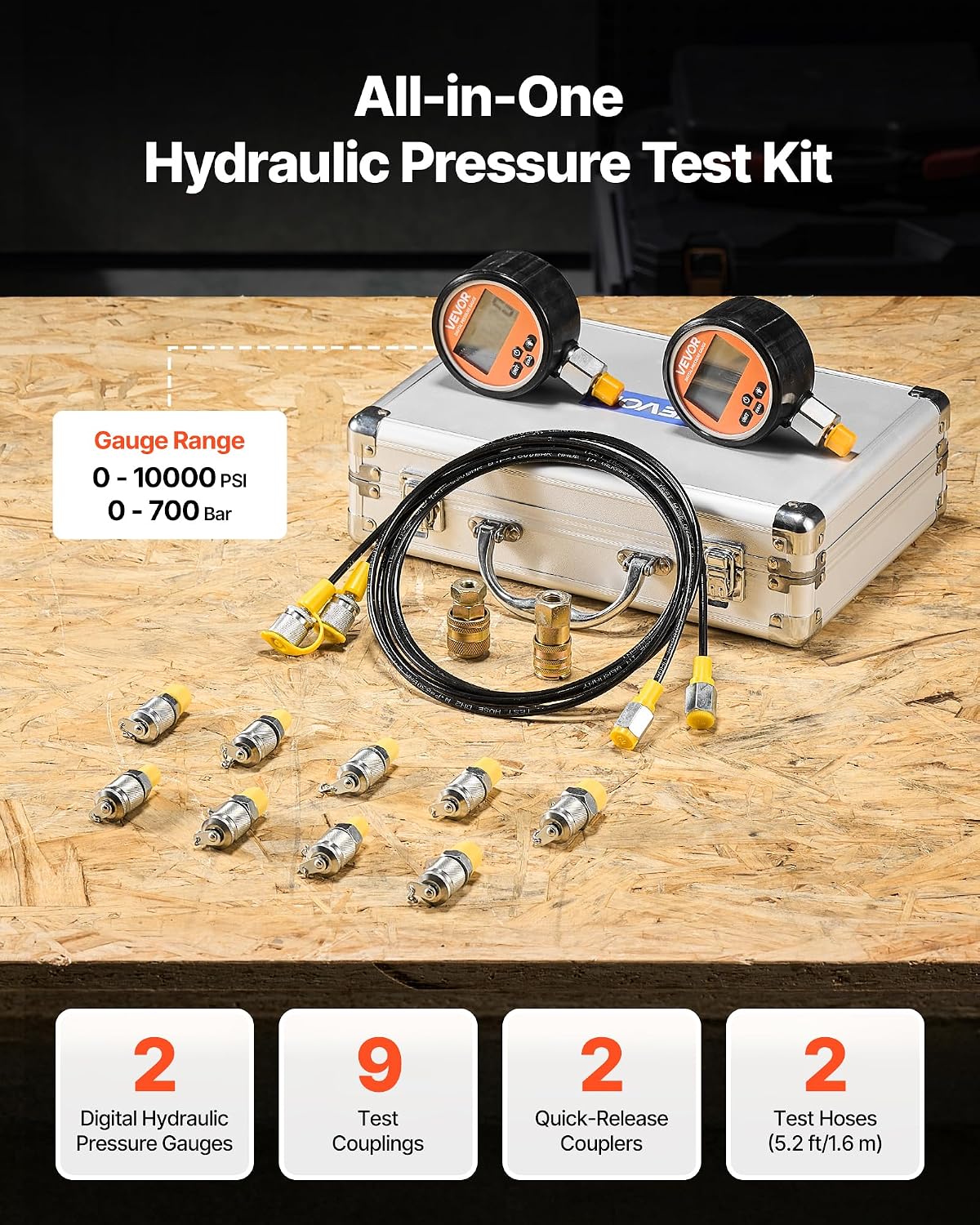 VEVOR Digital Hydraulic Pressure Test Coupling Kit, 10000 PSI Pressure Gauge Manometer Tester with 2 Gauges, 9 Test Couplings, 2 Quick-Release Couplers, 2 Hoses for Excavator Construction Machinery - Image 2