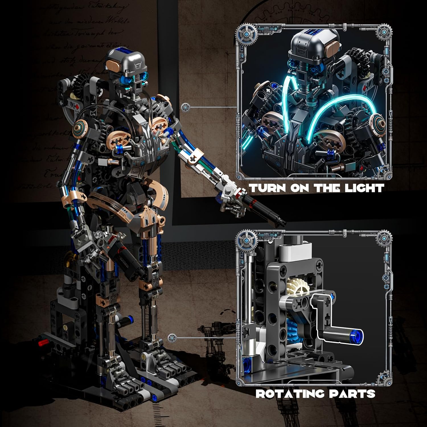 Mechanical Skeleton Robot Building Set with LED Lights (692PCS) Poseable Model with Movable Gears & Display Stand, STEM Toy & Gothic Decor Gift for Adults Teens Age 14+ - Image 6