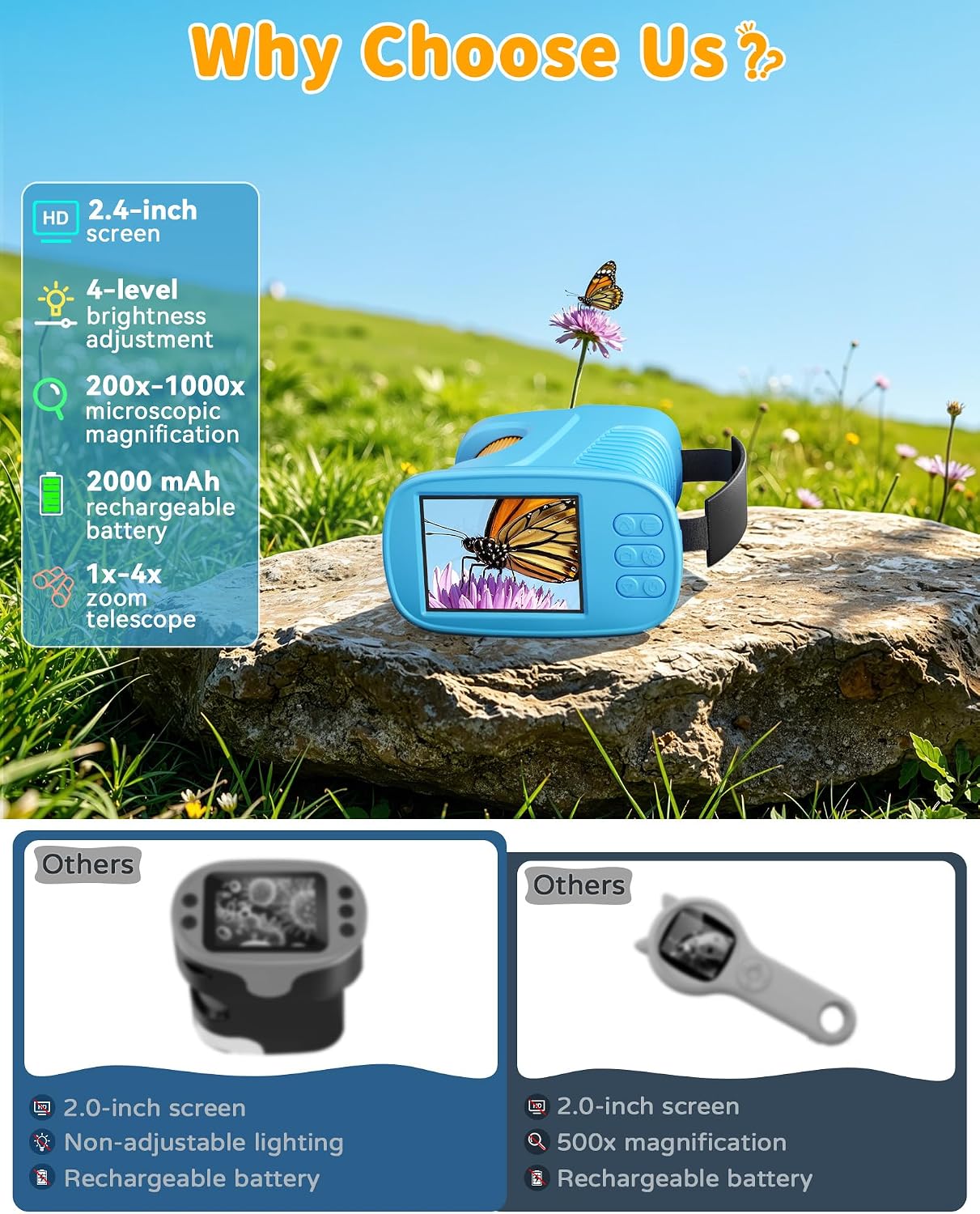 1000X Kids Handheld Microscope, 4K Digital Mini Pocket Digital Microscope with 2.4" IPS Screen, Built-in Camera & 12 Prepared Slides, STEM Educational Toy, Birthday Gift for Boys & Girls Ages 3–12 - Image 2