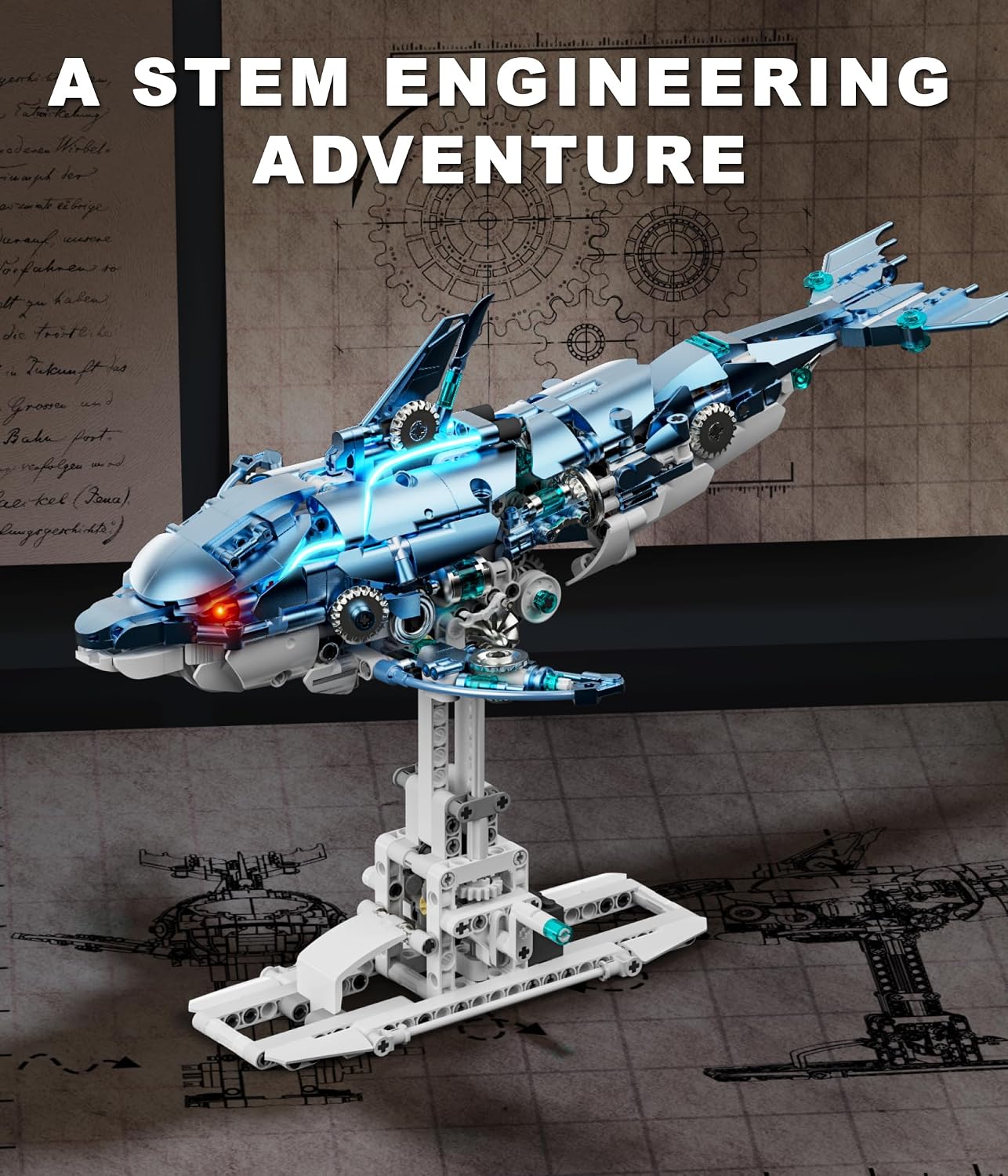 Moving Mechanical Dolphin Building Set - Hand Crank Model Kit with Swimming Tail, Movable Jaw & Glowing Lights | STEM Educational Toy & Unique Desk Decor - Image 5