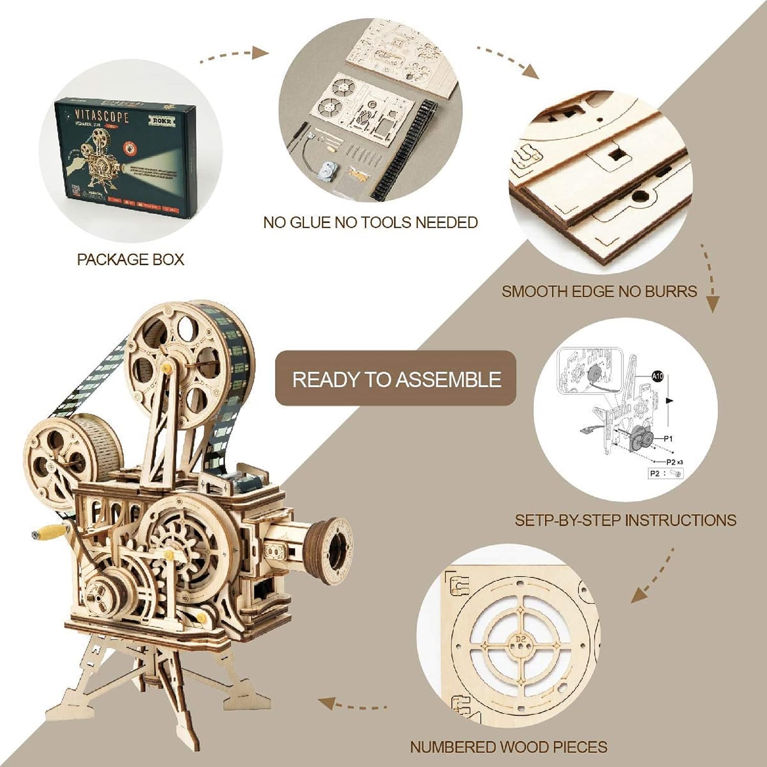 ROKR 3D Wooden Puzzles Vitascope for Adults - Model Building Kits Mechanical Construction for Adults to Build, Educational Brain Teaser DIY Crafts Kits, Halloween Collection Gifts for Men (Vitascope) - Image 8