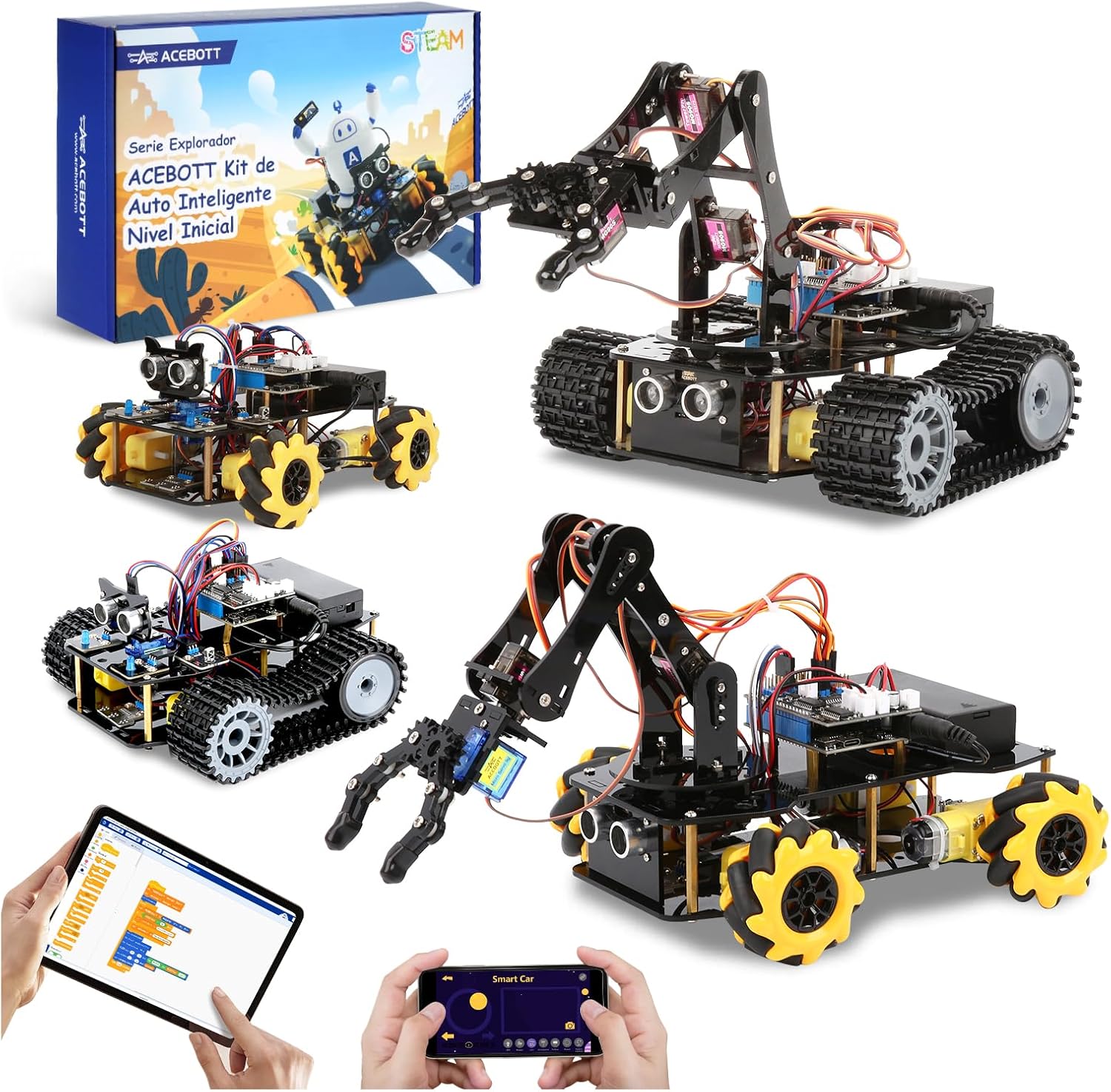 Robotics for Kids Ages 12-16, ACEBOTT 4 in 1 Smart Robot Arm with 5DOF + Tank Car, STEM Toys Coding Kit Compatible with Arduino & Scratch, App & Remote Control, for Kids & Teens
