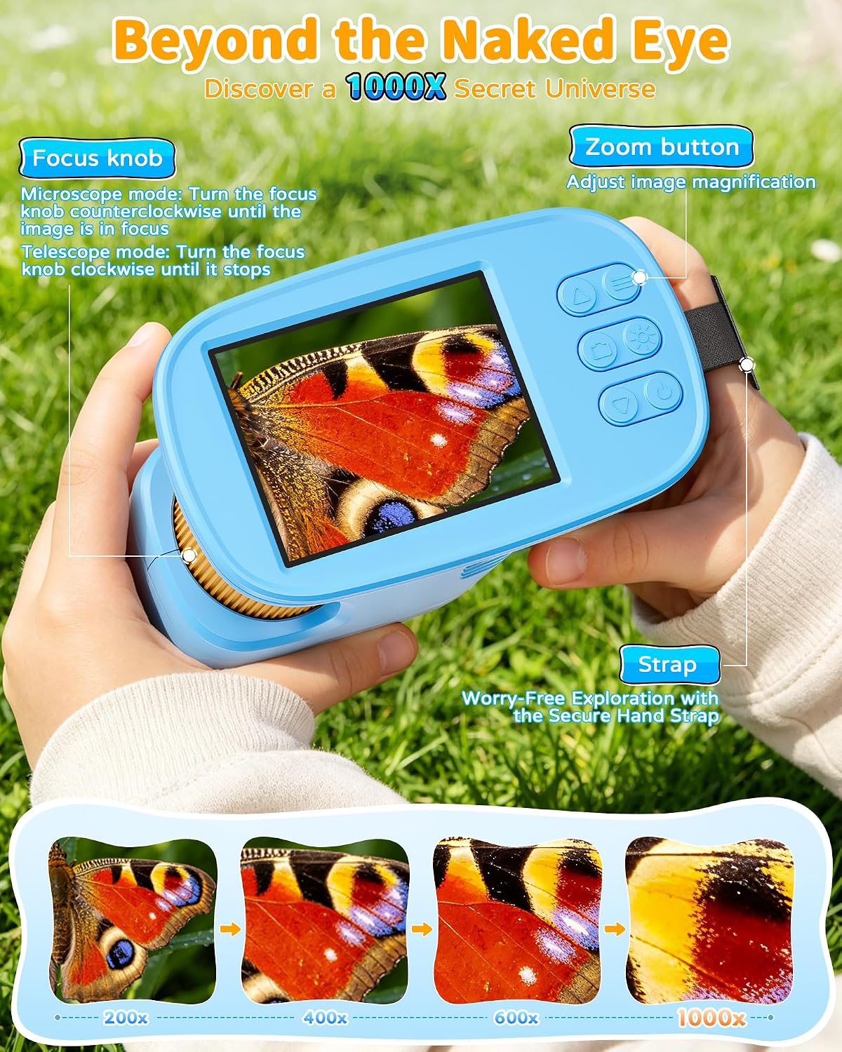 1000X Kids Handheld Microscope, 4K Digital Mini Pocket Digital Microscope with 2.4" IPS Screen, Built-in Camera & 12 Prepared Slides, STEM Educational Toy, Birthday Gift for Boys & Girls Ages 3–12 - Image 3