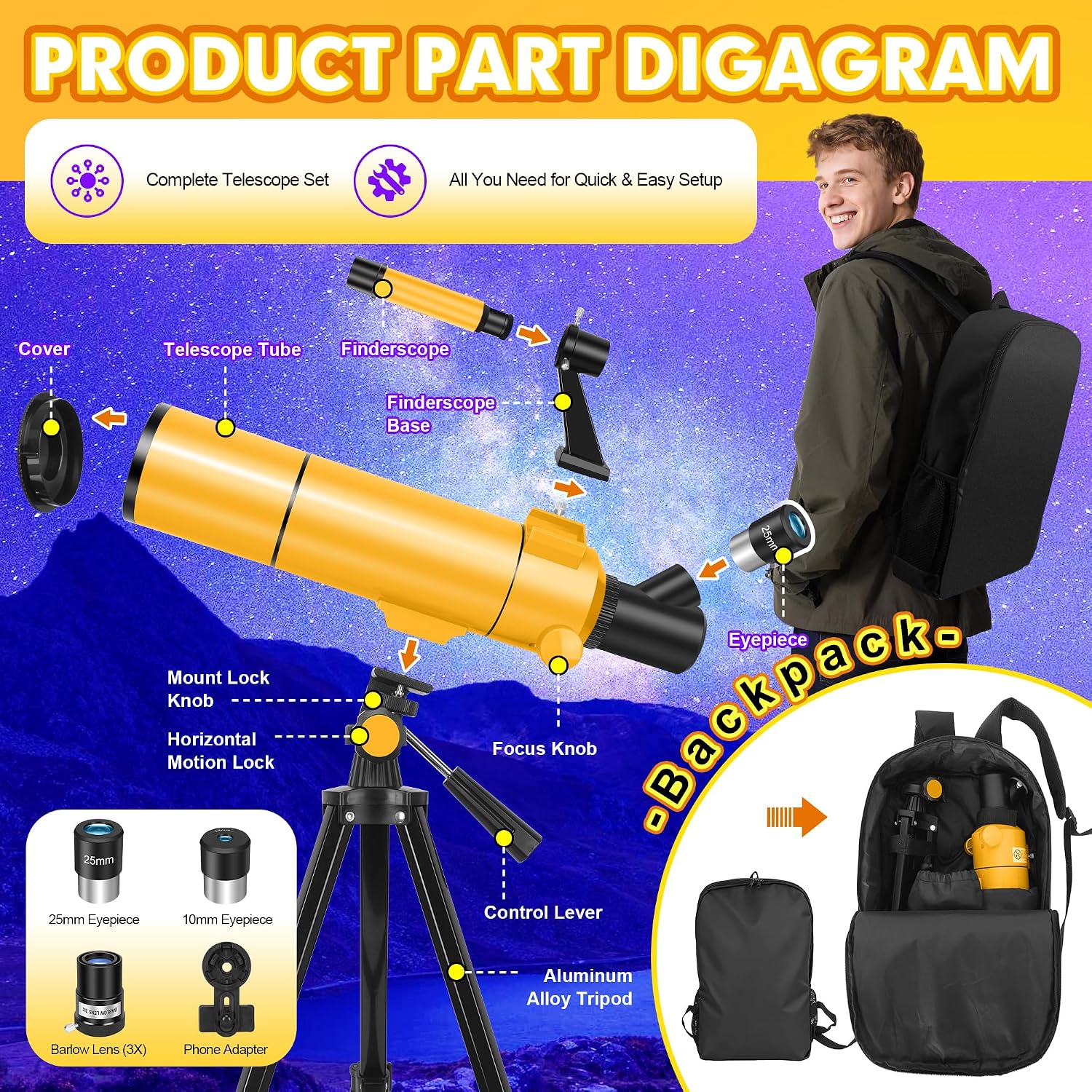 MEEZAA Telescope for Adults & Kids, 80mm Aperture 500mm Refractor - Image 6