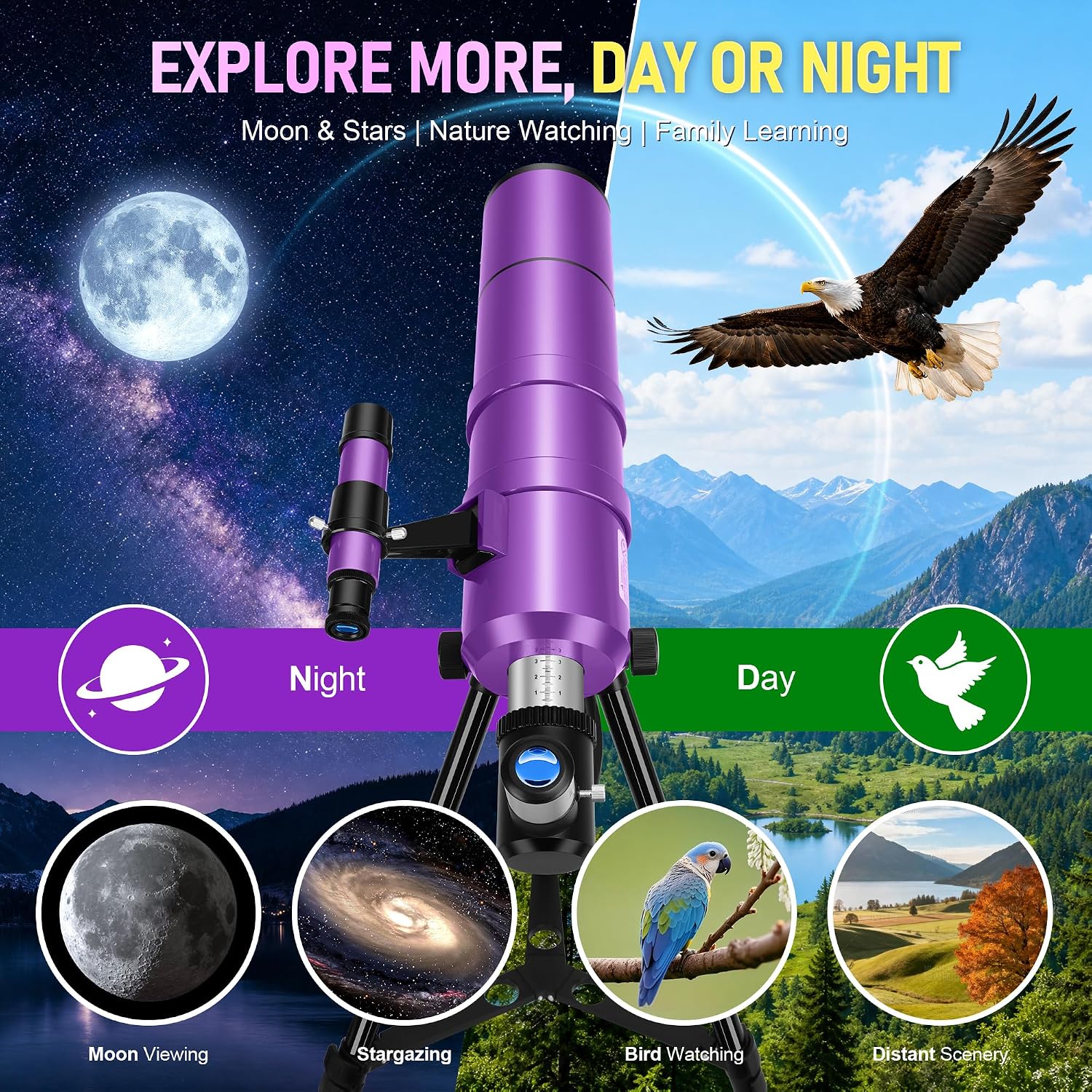 Telescope for Adults & Kids, 90mm Aperture 600mm Refractor Telescope for Astronomy Beginners, Portable Travel Telescopes with Tripod, Phone Adapter, Moon Filter, Carry Bag & Moon Phase Guide - Image 7