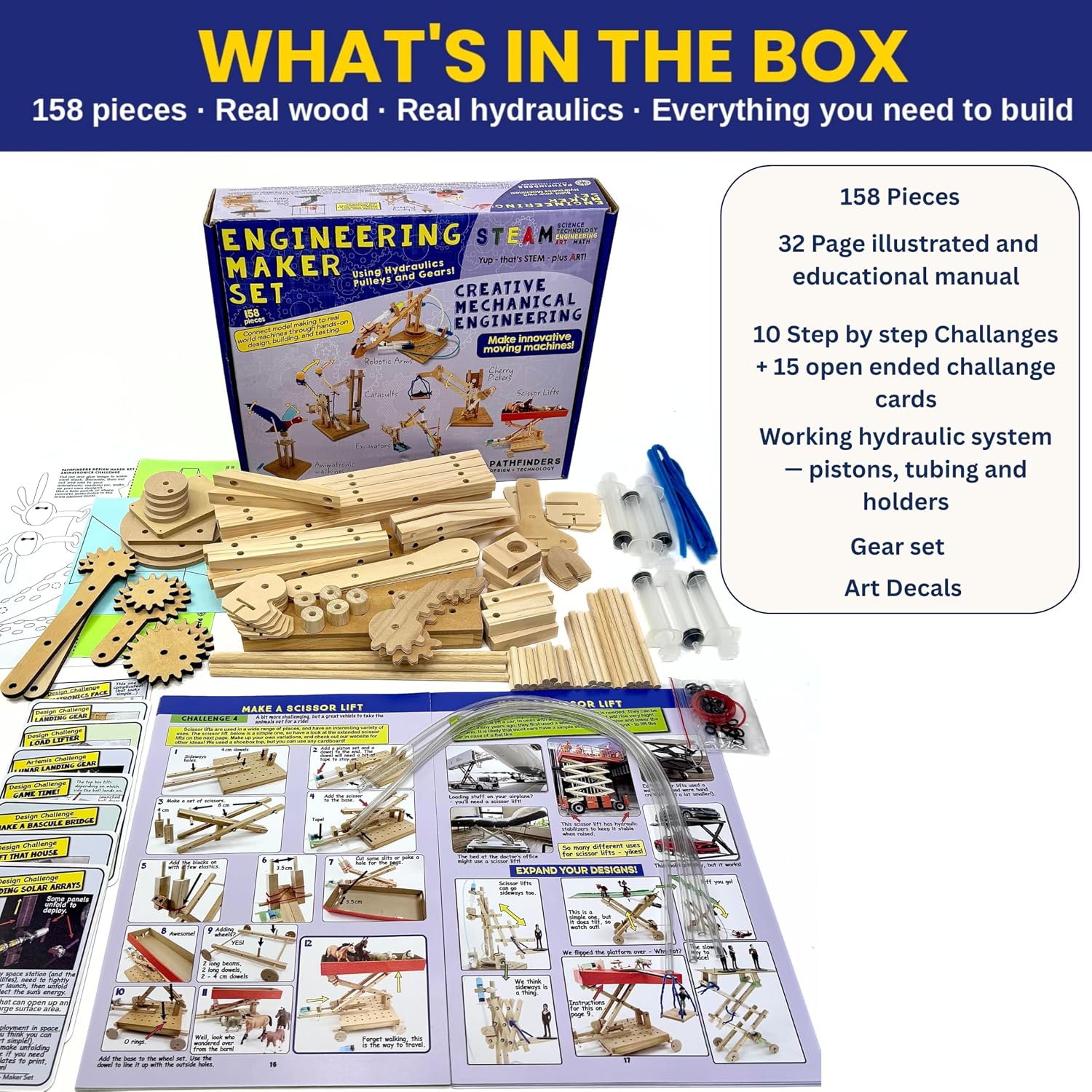 PATHFINDERS Engineering Maker Set — Real Wood STEM Building Kit | Hydraulics, Gears, Levers & Pulleys | 10 Challenges + 15 Challenge Cards | Ages 8+ - Image 2