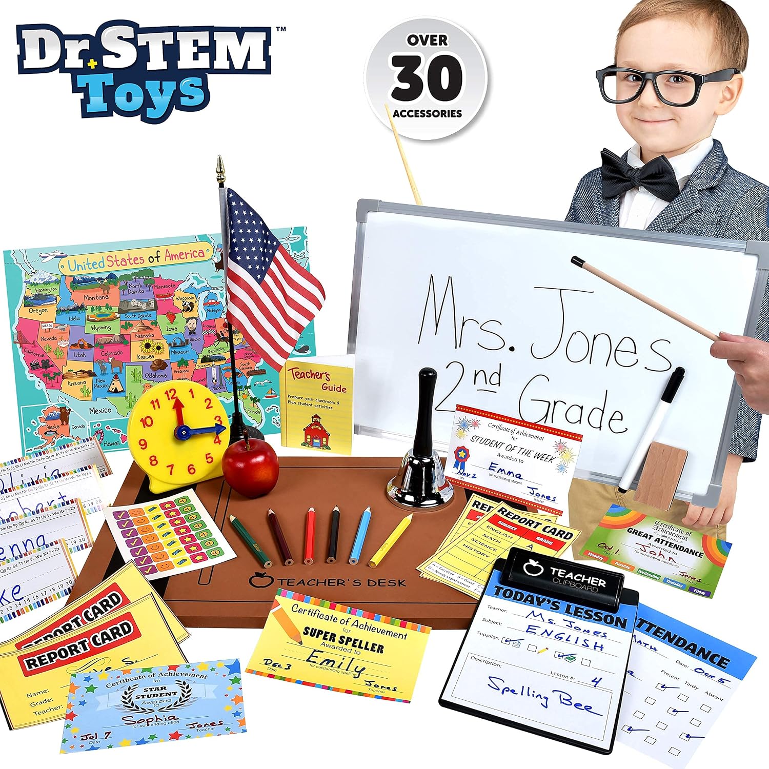 Dr. STEM Toys - Play Teacher Role-Play Set Includes Reusable White Board, Bell, Report Cards, for Home or Classroom, Over 30 Pieces Included, Gift for Kids, Complete Set - Image 5