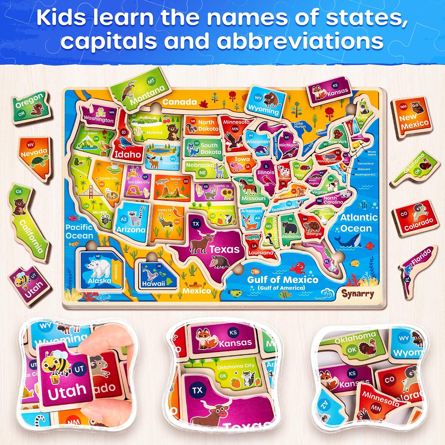 SYNARRY Large USA Wooden Puzzles for Kids Ages 3-5, Learning United States Map Puzles for Kids Ages 4-6, Wood Jigsaw Puzzles Educational Games Toys Gifts for Boys Girls Ages 3-8 - Image 2