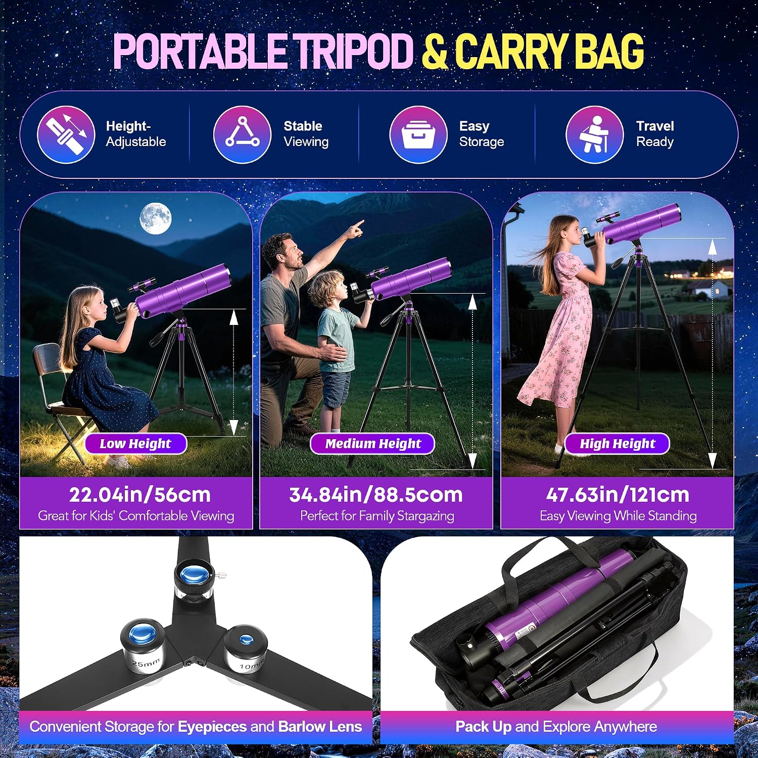 Telescope for Adults & Kids, 90mm Aperture 600mm Refractor Telescope for Astronomy Beginners, Portable Travel Telescopes with Tripod, Phone Adapter, Moon Filter, Carry Bag & Moon Phase Guide - Image 6