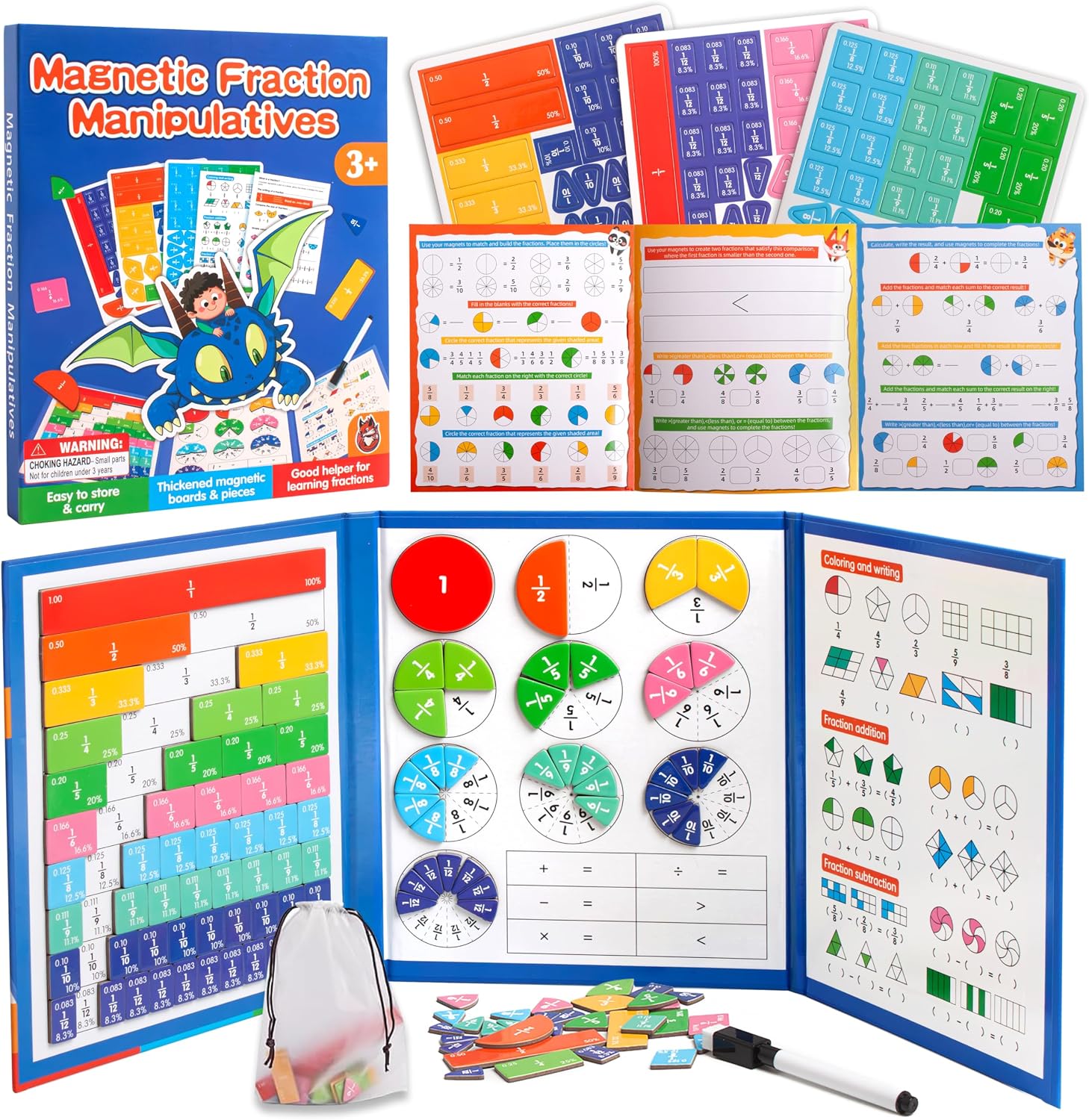 Magnetic Fraction Manipulatives for Kids, Fraction Tiles & Circles Educational Learning Set, Magnetic Fraction with Dry-Erase Practice, Homeschool & Classroom Math Teaching Tool for Elementary Math