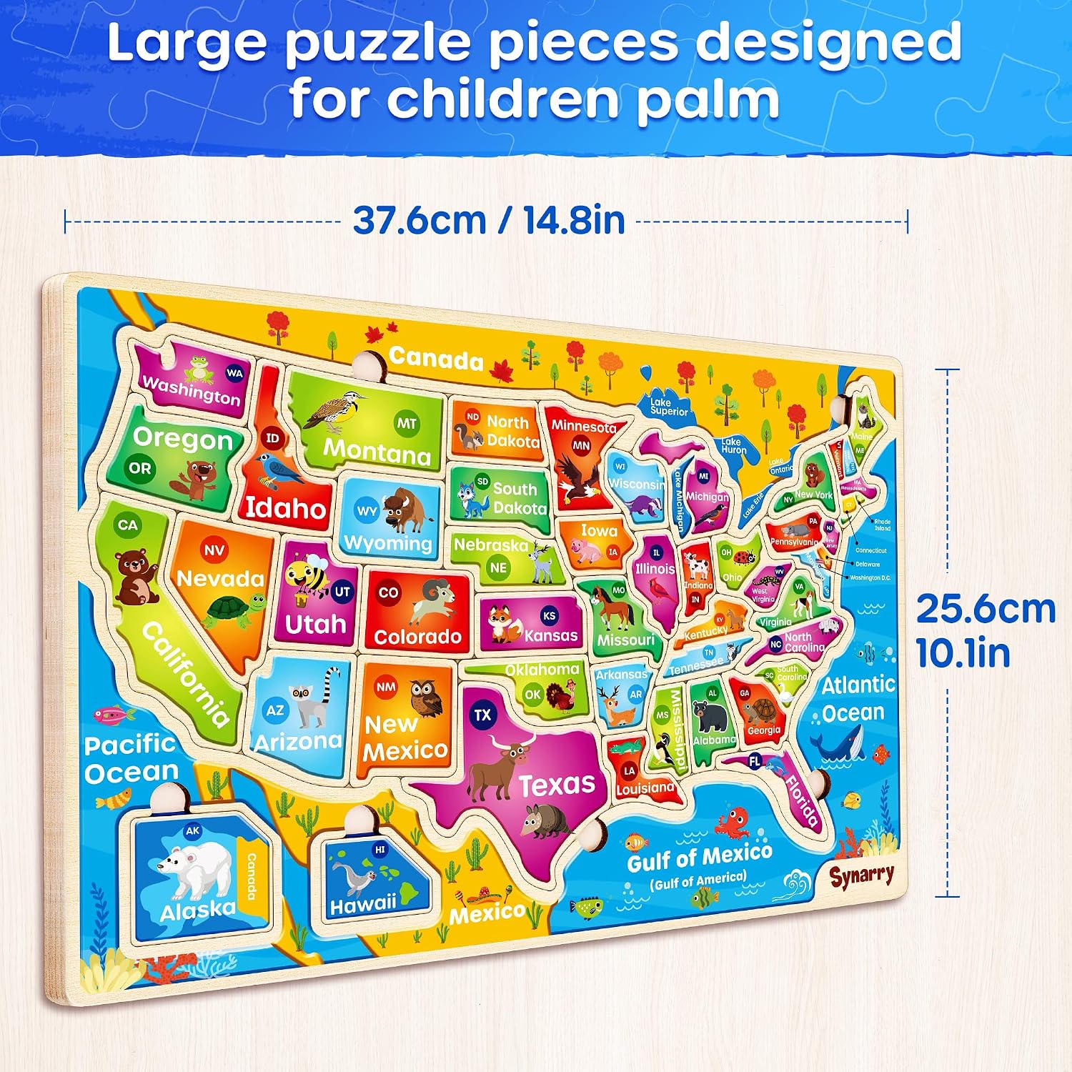 SYNARRY Large USA Wooden Puzzles for Kids Ages 3-5, Learning United States Map Puzles for Kids Ages 4-6, Wood Jigsaw Puzzles Educational Games Toys Gifts for Boys Girls Ages 3-8 - Image 6