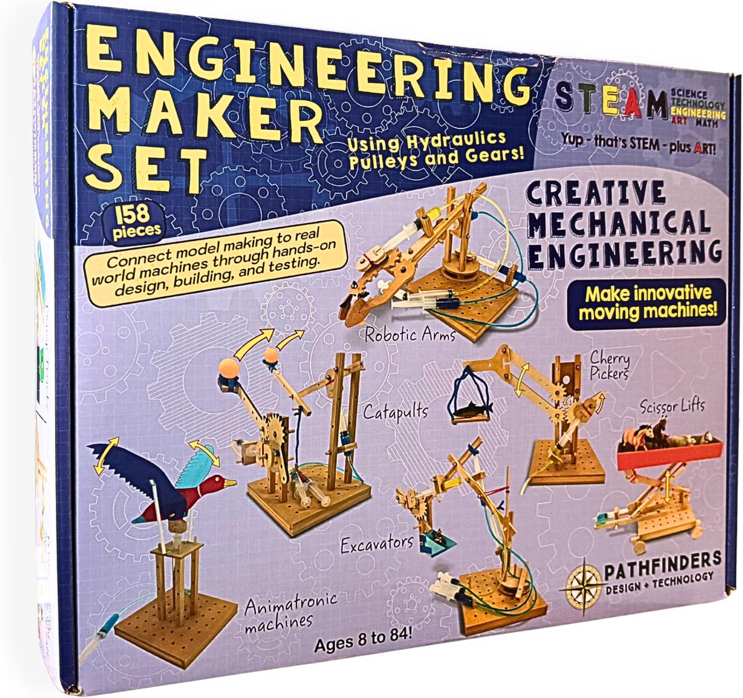 PATHFINDERS Engineering Maker Set — Real Wood STEM Building Kit | Hydraulics, Gears, Levers & Pulleys | 10 Challenges + 15 Challenge Cards | Ages 8+