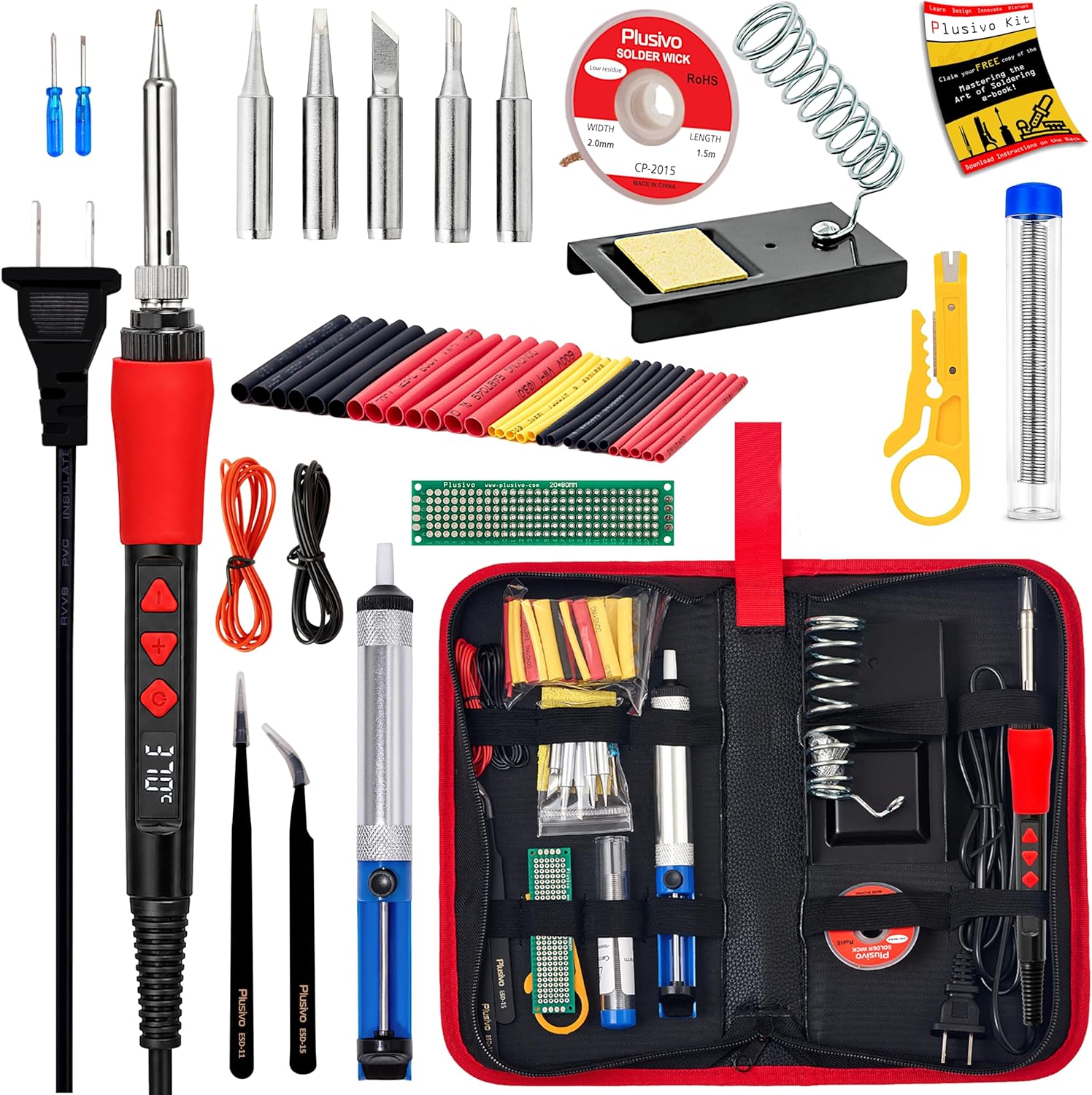 Soldering Iron Kit, 60W LED Display Digital Solder Pen, 5 Replaceable Tips, 21-in-1 Fast Heating with Solder Wire, Stand, Desoldering Pump, for Electronics Repair Hobby DIY 120V US Plug from Plusivo