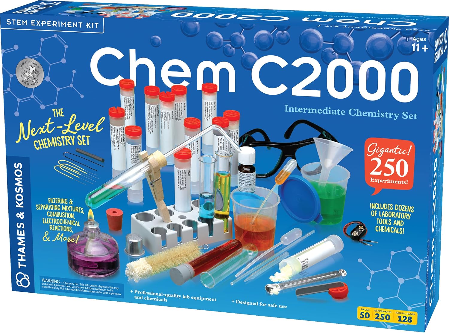 Thames & Kosmos Chem C2000 (V 2.0) Intermediate Chemistry Set | 250 Experiments, 128-Page Full-Color Lab Manual, Real Lab Equipment & Alcohol Burner | Parents' Choice Silver Award | Ages 11+