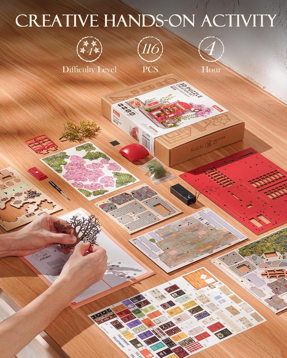 Rolife 3D Puzzles for Adults Blossom Book Booth, Toy Model Building Set for Adults for Table Toys & Home Decor, Creative Birthday Gift for Girls&Boys (116 PCS) - Image 5