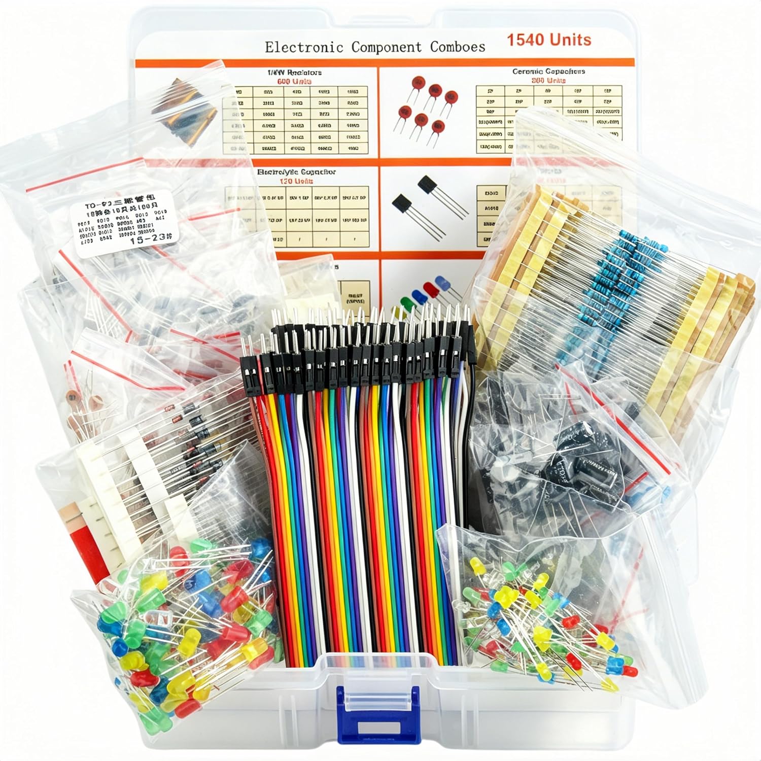 1540 Pcs Electronic Component Assortment Kit LED Diode Transistor Metal Film Resistors Aluminum Electrolytic Capacitors Ceramic Capacitors and 40Pin Male to Male Jumper Wire
