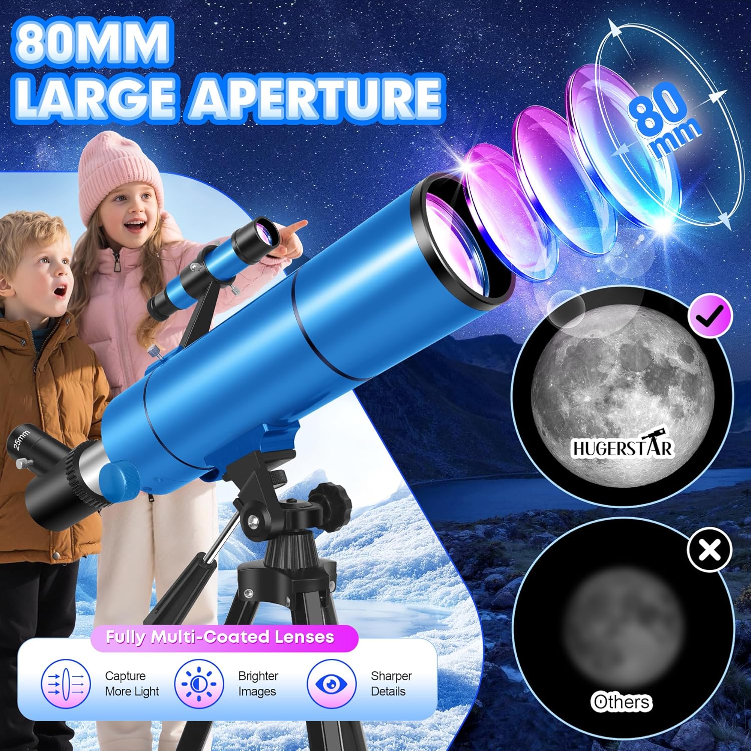 Telescope for Adults & Kids, 80mm Aperture 500mm (20X-150X) Professional Refractor Telescope for Astronomy Beginners, Portable Travel Telescopes with Tripod Phone Adapter, Stickers, Backpack - Image 2