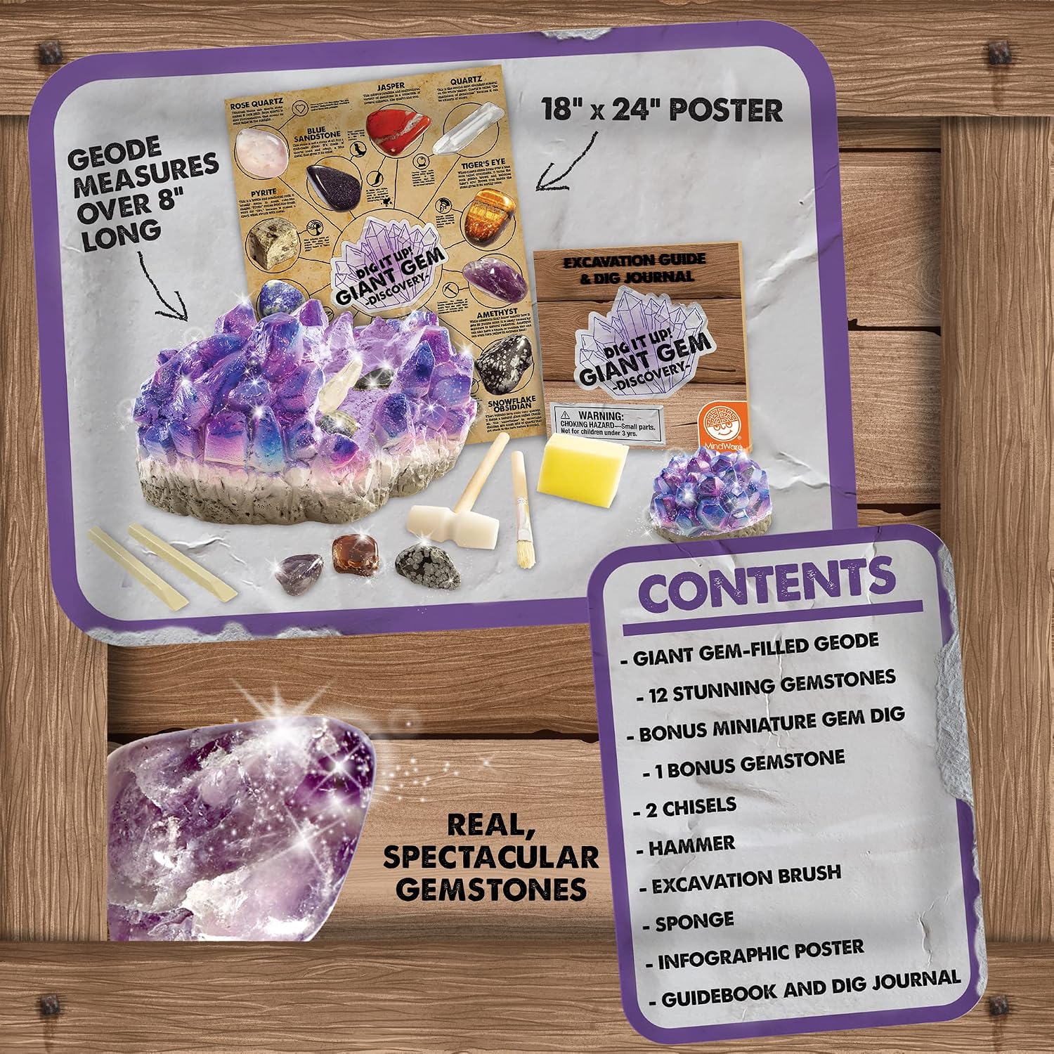 MindWare Dig It Up Giant Gem Discovery Kit - Gemstone Dig Kit Offers Geology for Kids with 12 Real Polished Hidden Gemstones - Includes 1 Giant Gem, Chiseling Tools, Gemstone Poster - Ages 4+ - Image 2