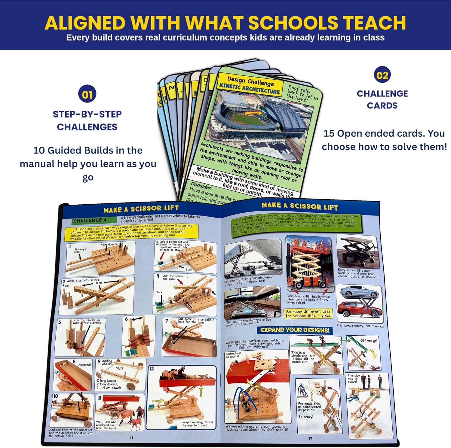 PATHFINDERS Engineering Maker Set — Real Wood STEM Building Kit | Hydraulics, Gears, Levers & Pulleys | 10 Challenges + 15 Challenge Cards | Ages 8+ - Image 4